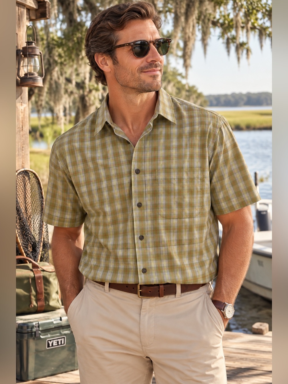 Orvis Men’s M Green Plaid Short Sleeve Button Down Shirt 100% Cotton